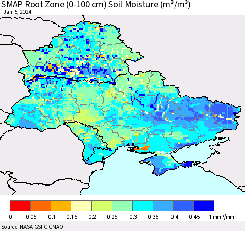 Ukraine, Moldova and Belarus SMAP Root Zone (0-100 cm) Soil Moisture (m³/m³) Thematic Map For 1/1/2024 - 1/5/2024