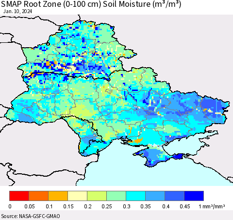 Ukraine, Moldova and Belarus SMAP Root Zone (0-100 cm) Soil Moisture (m³/m³) Thematic Map For 1/6/2024 - 1/10/2024