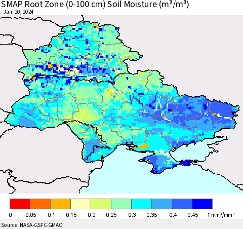 Ukraine, Moldova and Belarus SMAP Root Zone (0-100 cm) Soil Moisture (m³/m³) Thematic Map For 1/16/2024 - 1/20/2024
