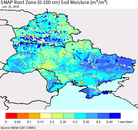 Ukraine, Moldova and Belarus SMAP Root Zone (0-100 cm) Soil Moisture (m³/m³) Thematic Map For 1/21/2024 - 1/25/2024