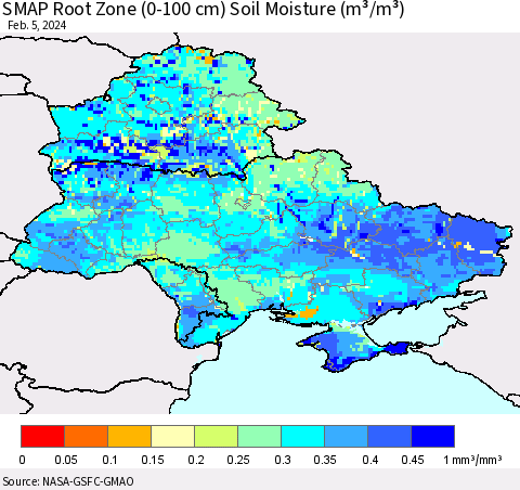 Ukraine, Moldova and Belarus SMAP Root Zone (0-100 cm) Soil Moisture (m³/m³) Thematic Map For 2/1/2024 - 2/5/2024