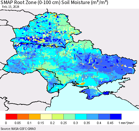 Ukraine, Moldova and Belarus SMAP Root Zone (0-100 cm) Soil Moisture (m³/m³) Thematic Map For 2/11/2024 - 2/15/2024
