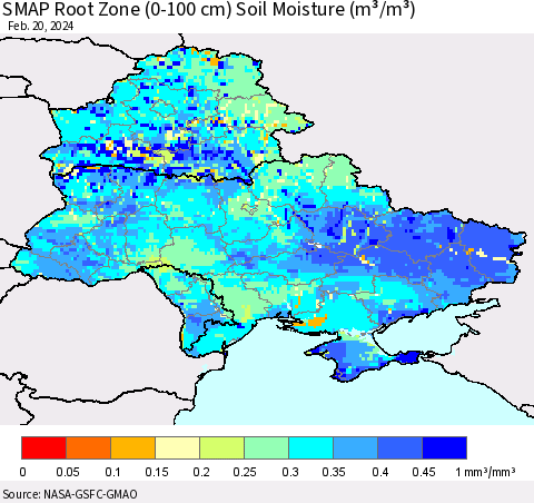 Ukraine, Moldova and Belarus SMAP Root Zone (0-100 cm) Soil Moisture (m³/m³) Thematic Map For 2/16/2024 - 2/20/2024