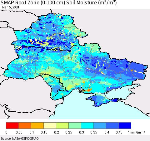 Ukraine, Moldova and Belarus SMAP Root Zone (0-100 cm) Soil Moisture (m³/m³) Thematic Map For 3/1/2024 - 3/5/2024