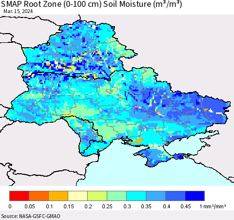 Ukraine, Moldova and Belarus SMAP Root Zone (0-100 cm) Soil Moisture (m³/m³) Thematic Map For 3/11/2024 - 3/15/2024