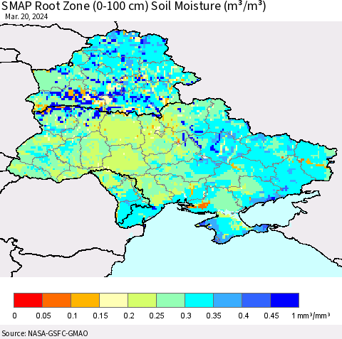 Ukraine, Moldova and Belarus SMAP Root Zone (0-100 cm) Soil Moisture (m³/m³) Thematic Map For 3/16/2024 - 3/20/2024