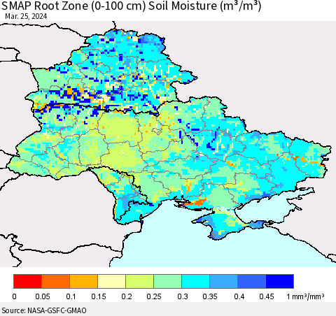 Ukraine, Moldova and Belarus SMAP Root Zone (0-100 cm) Soil Moisture (m³/m³) Thematic Map For 3/21/2024 - 3/25/2024