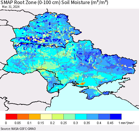 Ukraine, Moldova and Belarus SMAP Root Zone (0-100 cm) Soil Moisture (m³/m³) Thematic Map For 3/26/2024 - 3/31/2024