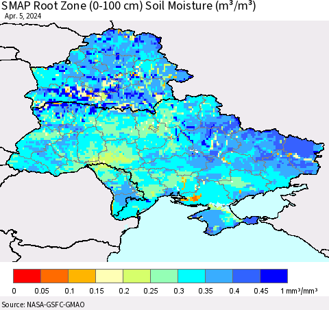 Ukraine, Moldova and Belarus SMAP Root Zone (0-100 cm) Soil Moisture (m³/m³) Thematic Map For 4/1/2024 - 4/5/2024