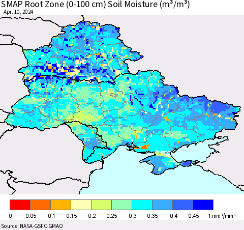 Ukraine, Moldova and Belarus SMAP Root Zone (0-100 cm) Soil Moisture (m³/m³) Thematic Map For 4/6/2024 - 4/10/2024