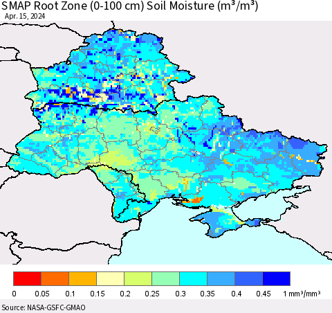 Ukraine, Moldova and Belarus SMAP Root Zone (0-100 cm) Soil Moisture (m³/m³) Thematic Map For 4/11/2024 - 4/15/2024