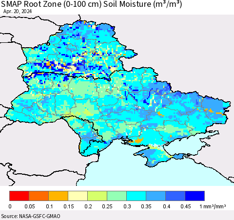 Ukraine, Moldova and Belarus SMAP Root Zone (0-100 cm) Soil Moisture (m³/m³) Thematic Map For 4/16/2024 - 4/20/2024