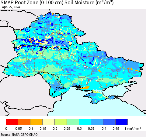 Ukraine, Moldova and Belarus SMAP Root Zone (0-100 cm) Soil Moisture (m³/m³) Thematic Map For 4/21/2024 - 4/25/2024
