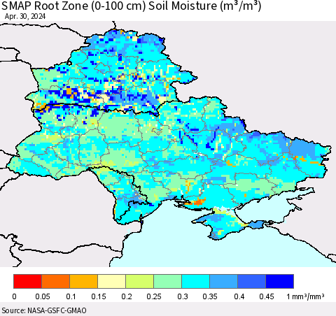 Ukraine, Moldova and Belarus SMAP Root Zone (0-100 cm) Soil Moisture (m³/m³) Thematic Map For 4/26/2024 - 4/30/2024