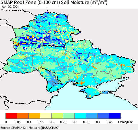 Ukraine, Moldova and Belarus SMAP Root Zone (0-100 cm) Soil Moisture (m³/m³) Thematic Map For 4/26/2024 - 4/30/2024