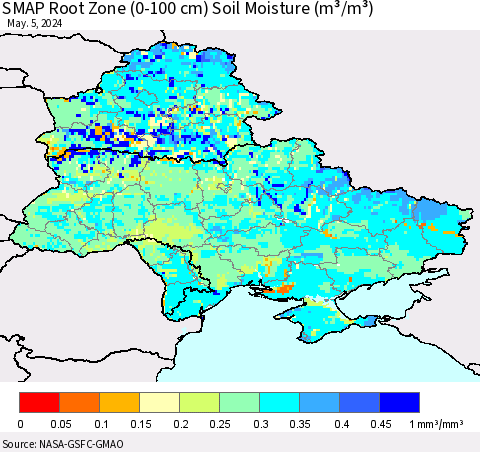 Ukraine, Moldova and Belarus SMAP Root Zone (0-100 cm) Soil Moisture (m³/m³) Thematic Map For 5/1/2024 - 5/5/2024
