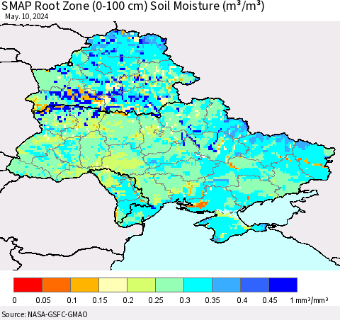 Ukraine, Moldova and Belarus SMAP Root Zone (0-100 cm) Soil Moisture (m³/m³) Thematic Map For 5/6/2024 - 5/10/2024