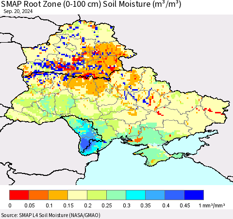 Ukraine, Moldova and Belarus SMAP Root Zone (0-100 cm) Soil Moisture (m³/m³) Thematic Map For 9/16/2024 - 9/20/2024
