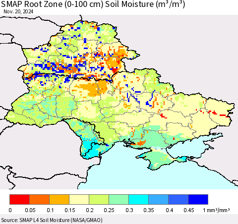 Ukraine, Moldova and Belarus SMAP Root Zone (0-100 cm) Soil Moisture (m³/m³) Thematic Map For 11/16/2024 - 11/20/2024