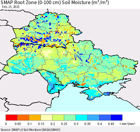 Ukraine, Moldova and Belarus SMAP Root Zone (0-100 cm) Soil Moisture (m³/m³) Thematic Map For 2/11/2025 - 2/15/2025