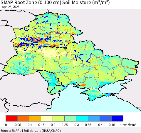 Ukraine, Moldova and Belarus SMAP Root Zone (0-100 cm) Soil Moisture (m³/m³) Thematic Map For 4/21/2025 - 4/25/2025