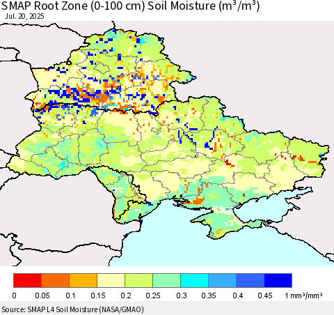 Ukraine, Moldova and Belarus SMAP Root Zone (0-100 cm) Soil Moisture (m³/m³) Thematic Map For 7/16/2025 - 7/20/2025