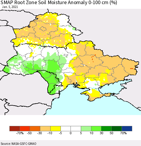 Ukraine, Moldova and Belarus SMAP Root Zone (0-100 cm) Soil Moisture Anomaly (%) Thematic Map For 1/1/2021 - 1/5/2021