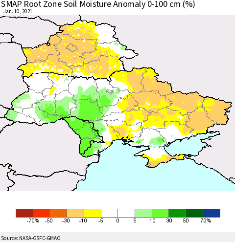 Ukraine, Moldova and Belarus SMAP Root Zone (0-100 cm) Soil Moisture Anomaly (%) Thematic Map For 1/6/2021 - 1/10/2021