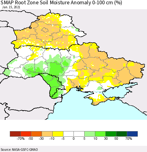 Ukraine, Moldova and Belarus SMAP Root Zone (0-100 cm) Soil Moisture Anomaly (%) Thematic Map For 1/11/2021 - 1/15/2021
