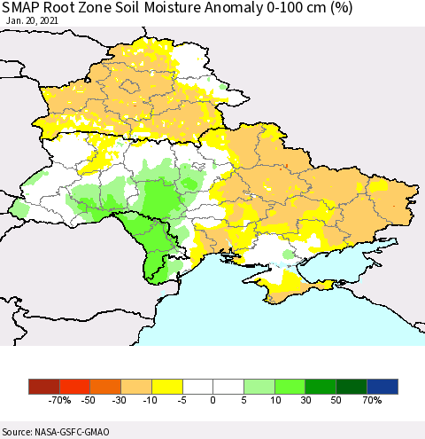 Ukraine, Moldova and Belarus SMAP Root Zone (0-100 cm) Soil Moisture Anomaly (%) Thematic Map For 1/16/2021 - 1/20/2021