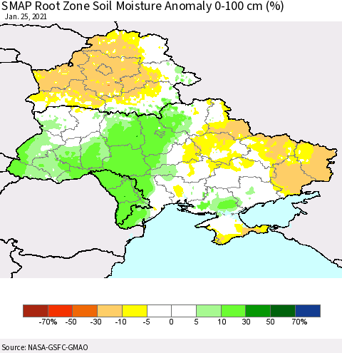 Ukraine, Moldova and Belarus SMAP Root Zone (0-100 cm) Soil Moisture Anomaly (%) Thematic Map For 1/21/2021 - 1/25/2021