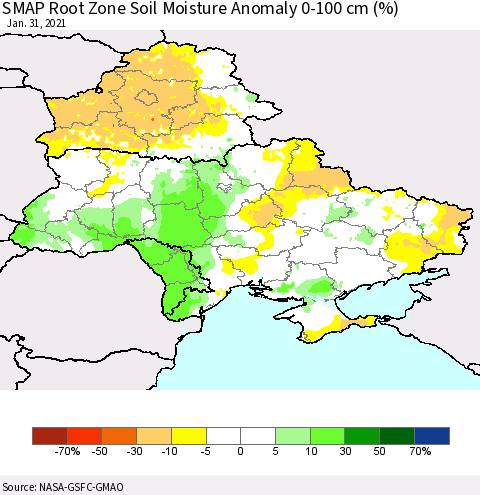 Ukraine, Moldova and Belarus SMAP Root Zone (0-100 cm) Soil Moisture Anomaly (%) Thematic Map For 1/26/2021 - 1/31/2021