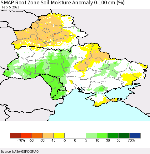 Ukraine, Moldova and Belarus SMAP Root Zone (0-100 cm) Soil Moisture Anomaly (%) Thematic Map For 2/1/2021 - 2/5/2021