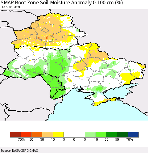 Ukraine, Moldova and Belarus SMAP Root Zone (0-100 cm) Soil Moisture Anomaly (%) Thematic Map For 2/6/2021 - 2/10/2021