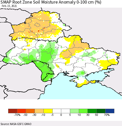 Ukraine, Moldova and Belarus SMAP Root Zone (0-100 cm) Soil Moisture Anomaly (%) Thematic Map For 2/11/2021 - 2/15/2021