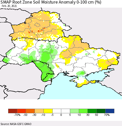 Ukraine, Moldova and Belarus SMAP Root Zone (0-100 cm) Soil Moisture Anomaly (%) Thematic Map For 2/16/2021 - 2/20/2021