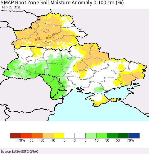 Ukraine, Moldova and Belarus SMAP Root Zone (0-100 cm) Soil Moisture Anomaly (%) Thematic Map For 2/21/2021 - 2/25/2021