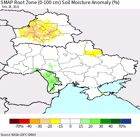Ukraine, Moldova and Belarus SMAP Root Zone (0-100 cm) Soil Moisture Anomaly (%) Thematic Map For 2/26/2021 - 2/28/2021