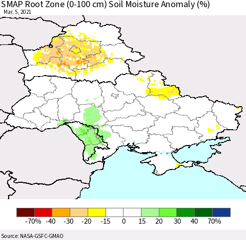Ukraine, Moldova and Belarus SMAP Root Zone (0-100 cm) Soil Moisture Anomaly (%) Thematic Map For 3/1/2021 - 3/5/2021