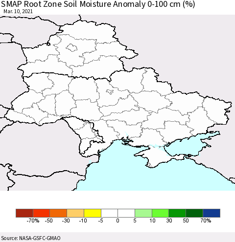 Ukraine, Moldova and Belarus SMAP Root Zone (0-100 cm) Soil Moisture Anomaly (%) Thematic Map For 3/6/2021 - 3/10/2021