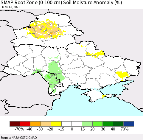 Ukraine, Moldova and Belarus SMAP Root Zone (0-100 cm) Soil Moisture Anomaly (%) Thematic Map For 3/11/2021 - 3/15/2021
