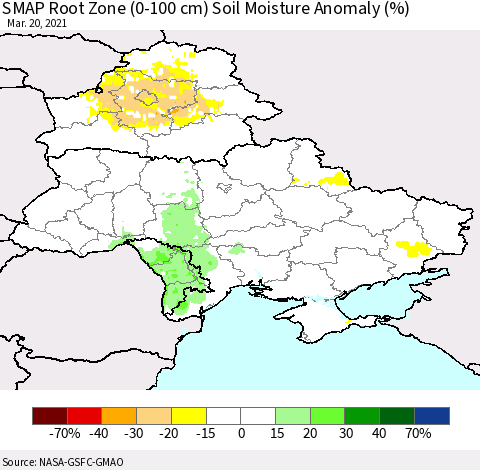Ukraine, Moldova and Belarus SMAP Root Zone (0-100 cm) Soil Moisture Anomaly (%) Thematic Map For 3/16/2021 - 3/20/2021
