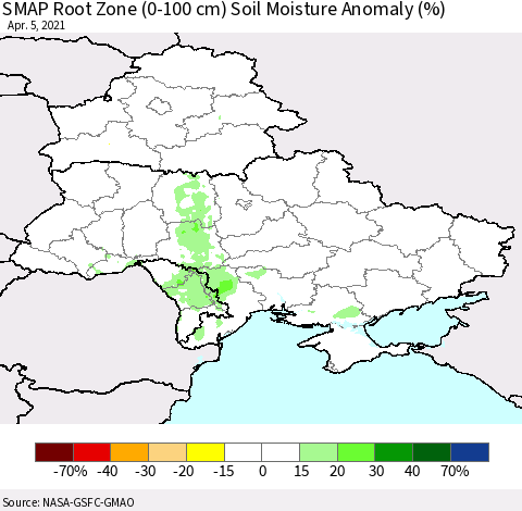 Ukraine, Moldova and Belarus SMAP Root Zone (0-100 cm) Soil Moisture Anomaly (%) Thematic Map For 4/1/2021 - 4/5/2021