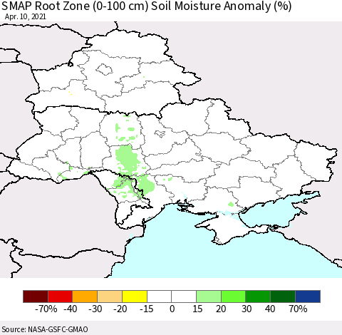 Ukraine, Moldova and Belarus SMAP Root Zone (0-100 cm) Soil Moisture Anomaly (%) Thematic Map For 4/6/2021 - 4/10/2021