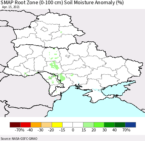 Ukraine, Moldova and Belarus SMAP Root Zone (0-100 cm) Soil Moisture Anomaly (%) Thematic Map For 4/11/2021 - 4/15/2021