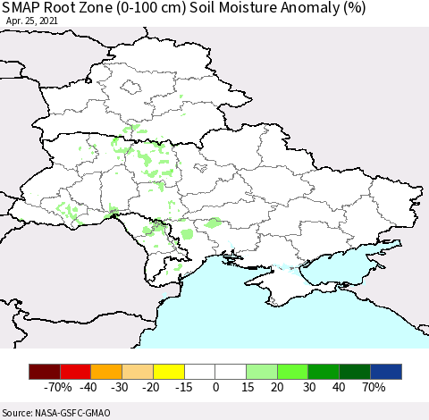 Ukraine, Moldova and Belarus SMAP Root Zone (0-100 cm) Soil Moisture Anomaly (%) Thematic Map For 4/21/2021 - 4/25/2021