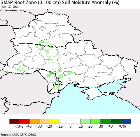Ukraine, Moldova and Belarus SMAP Root Zone (0-100 cm) Soil Moisture Anomaly (%) Thematic Map For 4/26/2021 - 4/30/2021