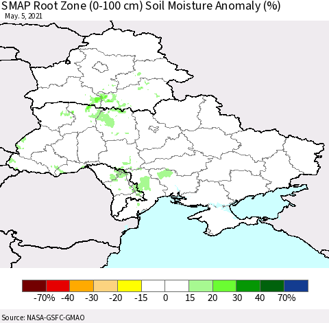 Ukraine, Moldova and Belarus SMAP Root Zone (0-100 cm) Soil Moisture Anomaly (%) Thematic Map For 5/1/2021 - 5/5/2021