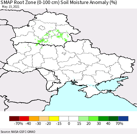 Ukraine, Moldova and Belarus SMAP Root Zone (0-100 cm) Soil Moisture Anomaly (%) Thematic Map For 5/11/2021 - 5/15/2021