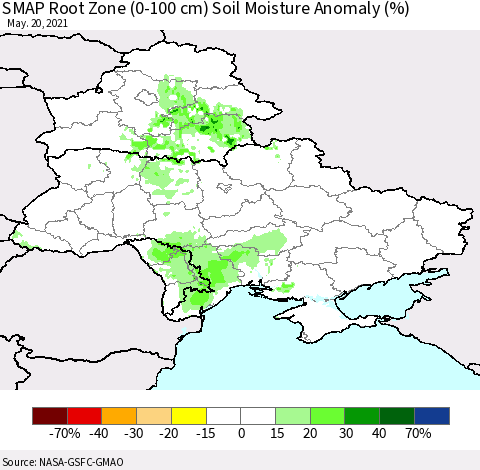 Ukraine, Moldova and Belarus SMAP Root Zone (0-100 cm) Soil Moisture Anomaly (%) Thematic Map For 5/16/2021 - 5/20/2021